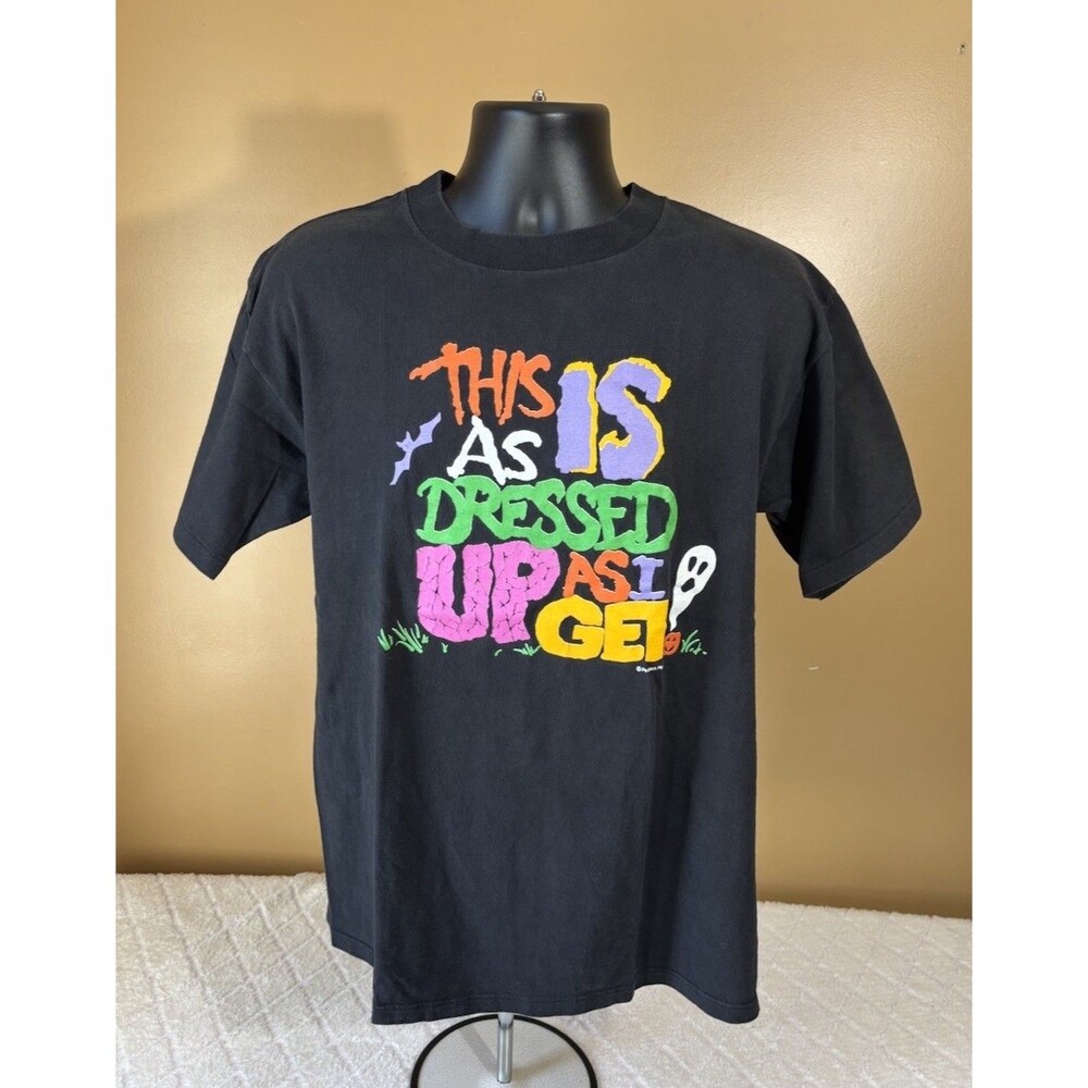 Vintage 90s Halloween Ghost USA Made Single Stitch Black Tee Men Size L Peacock